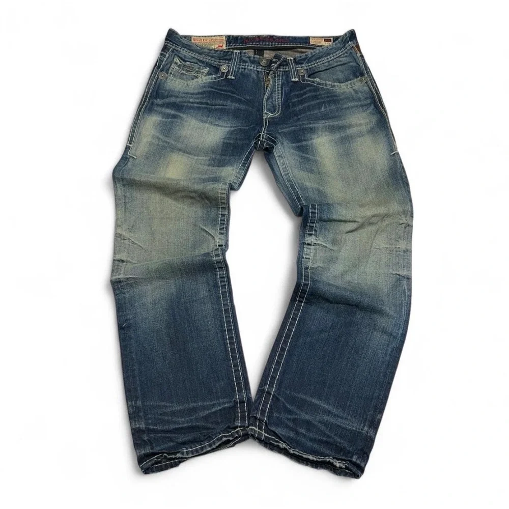 Rivet De Cru Andrew Mens wide leg Blue Jeans Thick Stitch 36x34 Faded